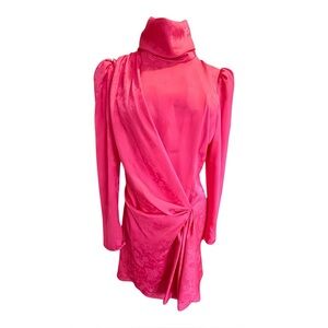 🌷Ronny Kobo Hot Pink Floral Jacquard Draped Mini Dress Turtleneck Long Sleeve M